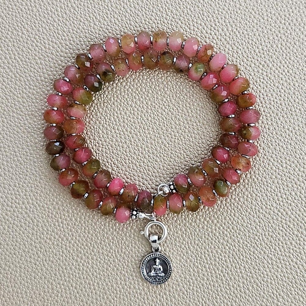 PINK GREEN JADE NECKLACE W/ MINI BUDDHA--16"